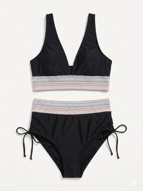 New Black High-Waist Bikini Set Pastel Zigzag Band Ruched Side Boho Colorful L